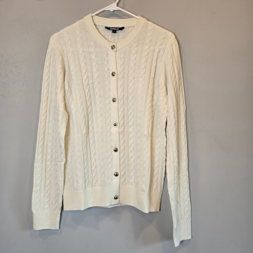 Cegolfs Sweater Cardigan Womens Small Cream Gold Buttons Cable Knit
